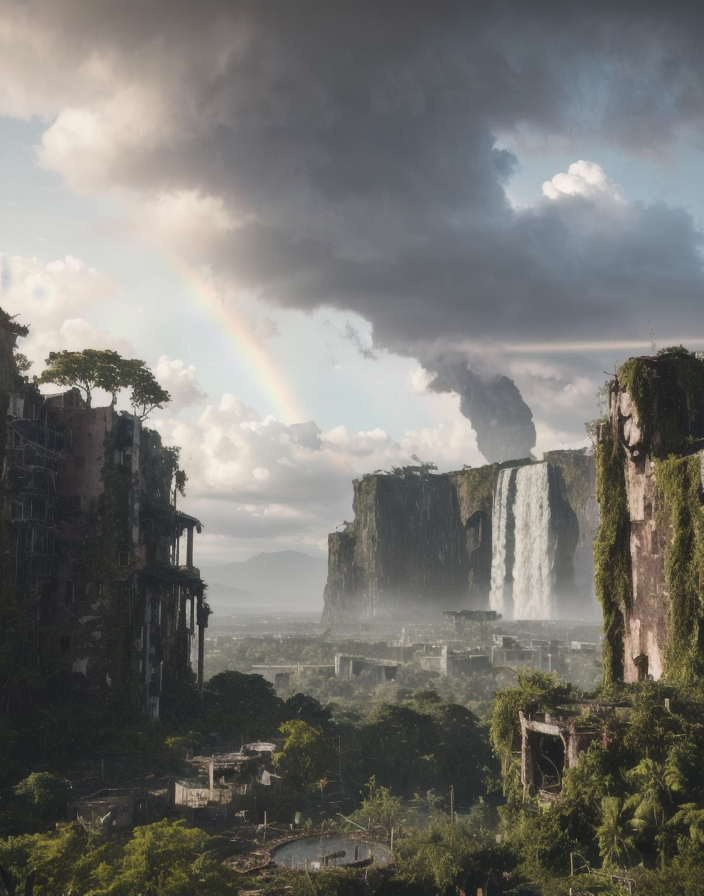 00159-2417559798-overgrown postapocalyptic ruins, birds in the sky, a rainbow, waterfall _ _ close shot _ _ 3 5 mm, realism, octane render, 8 k,.png